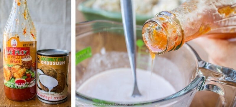 Pouring chili sauce into bowl of coconut milk.