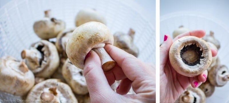 Washing mushrooms and removing stems.