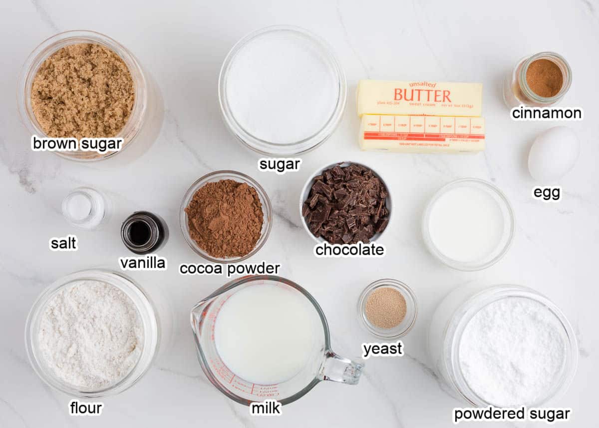 Chocolate cinnamon roll ingredients on counter.