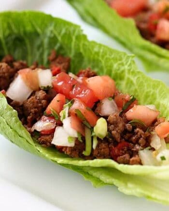 lettuce cup with taco meat and pico de gallo