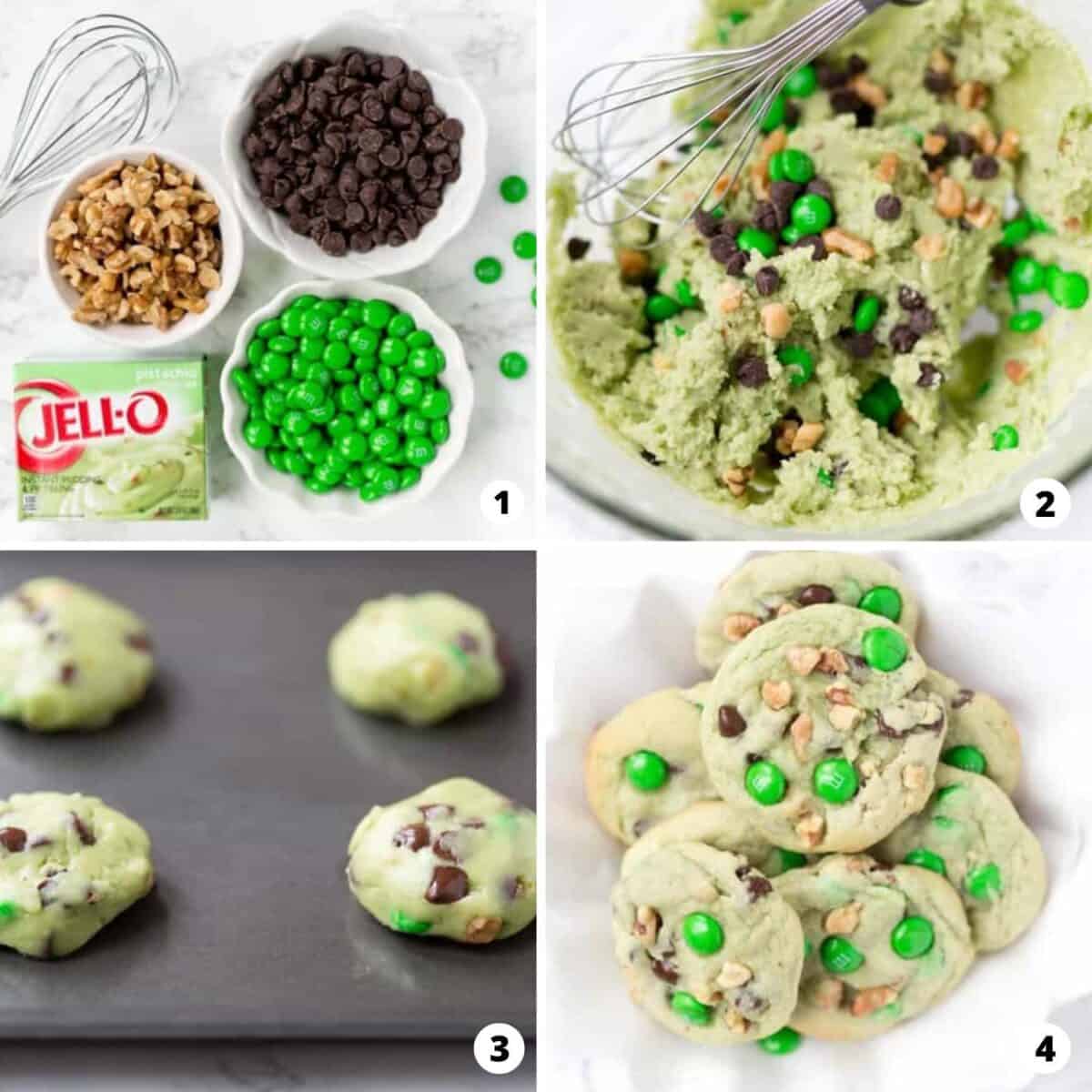 Showing how to make pistachio cookies in a 4 step collage. 