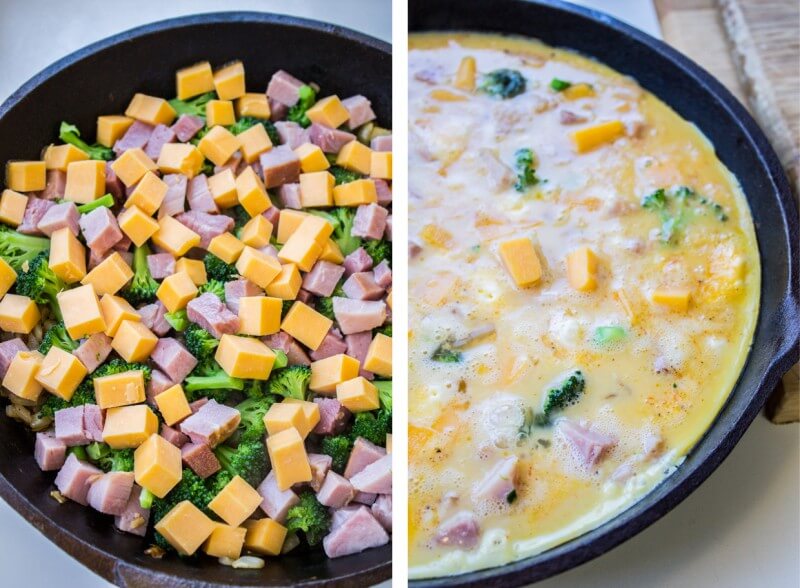 Adding egg mixture on top of cheese, ham, and broccoli in a cast iron skillet.