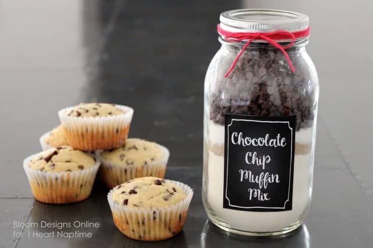 A close up of chocolate chip muffin mix in a mason jar 