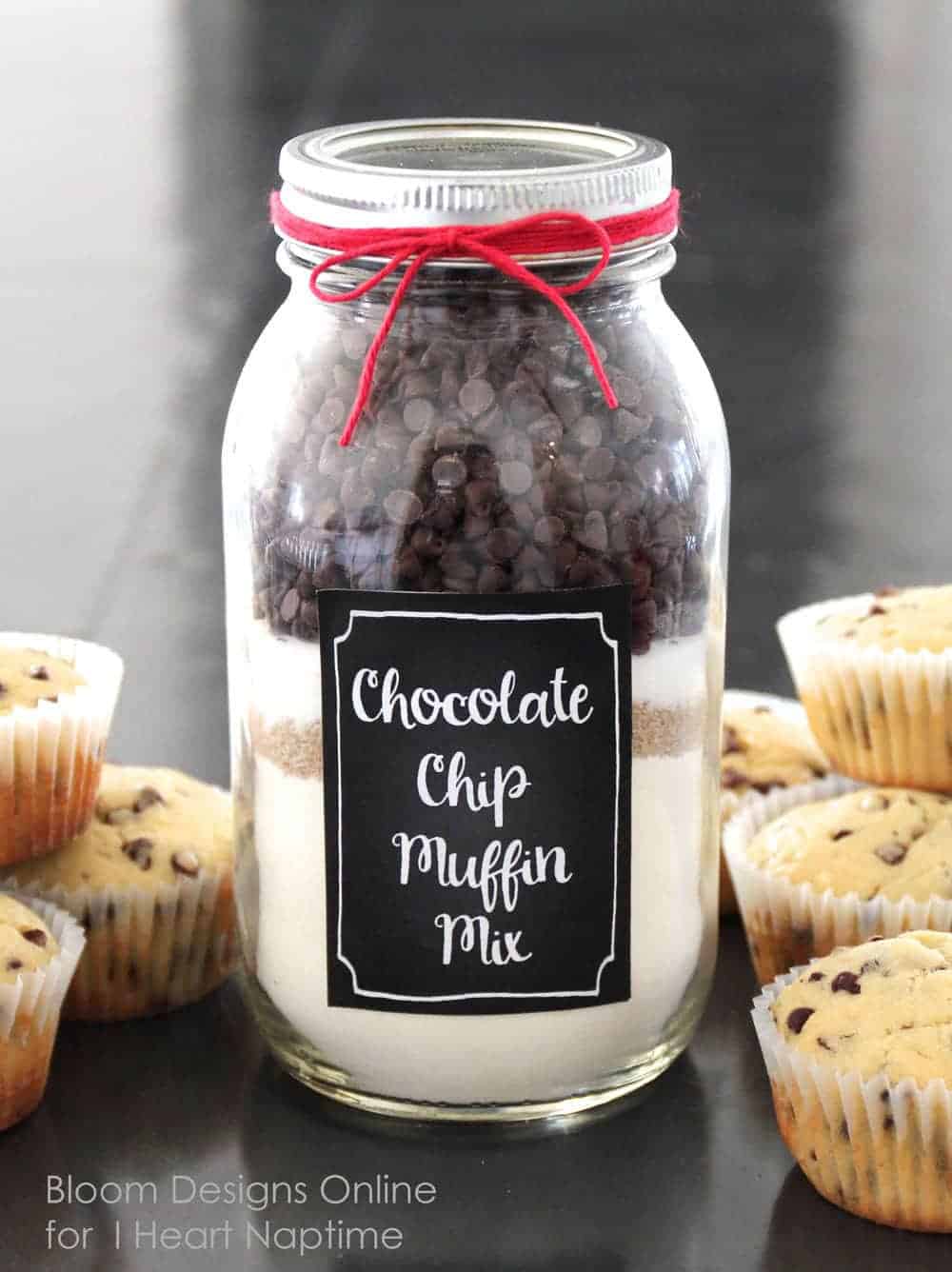 A close up of chocolate chip muffin mix in a mason jar 