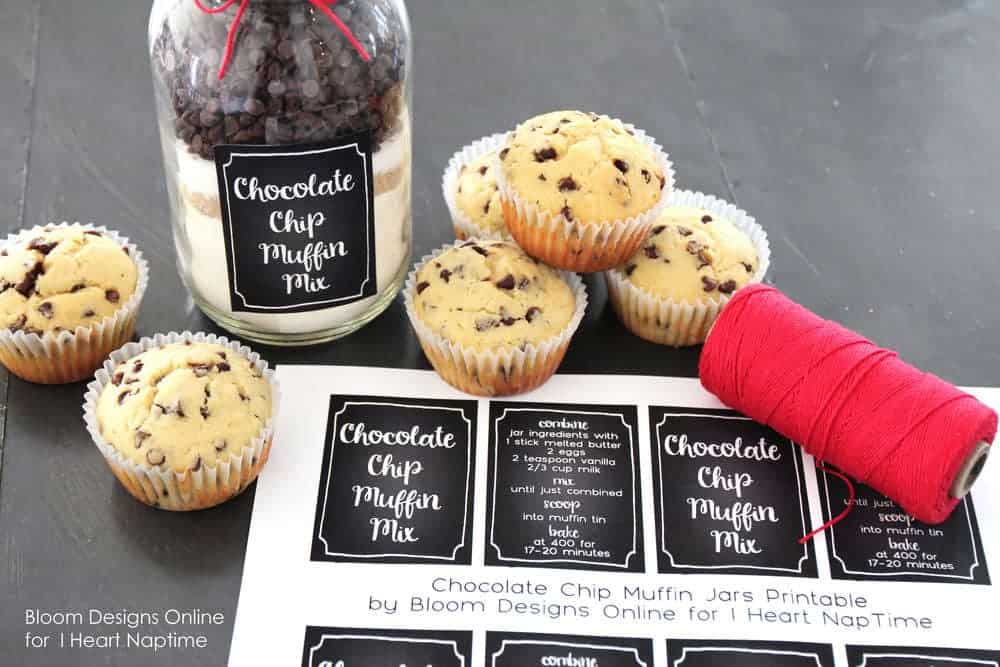 chocolate chip muffin mix in a mason jar on the counter with muffin labels 