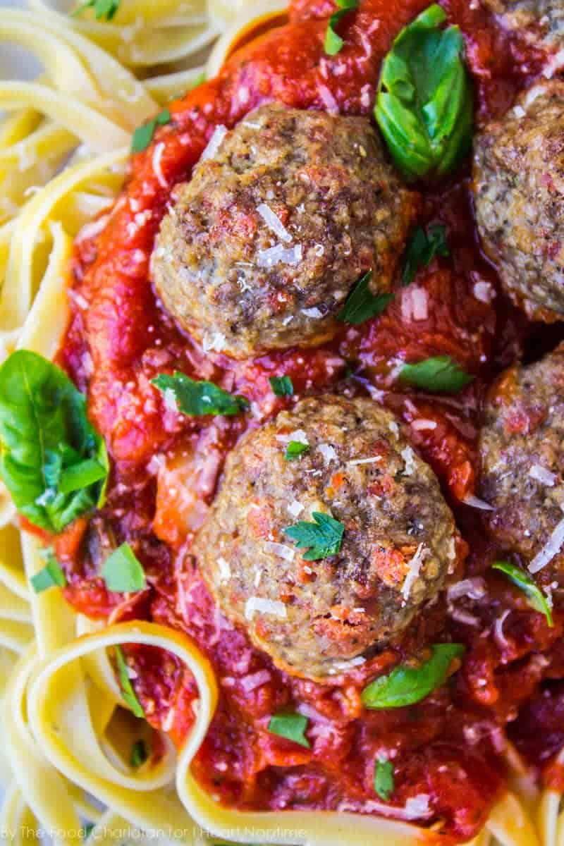 Pasta with marinara, pepperoni meatballs, fresh basil and parmesan.