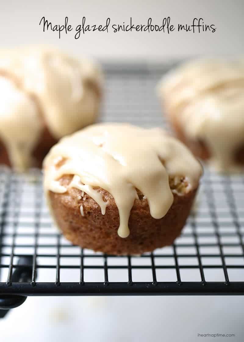 A close up of a maple glazed snickerdoodle muffin on cooling rack 
