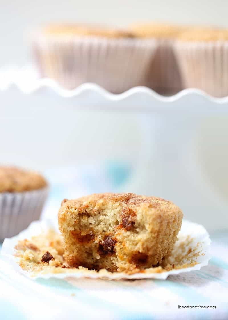 snickerdoodle muffin with a bite taken out 