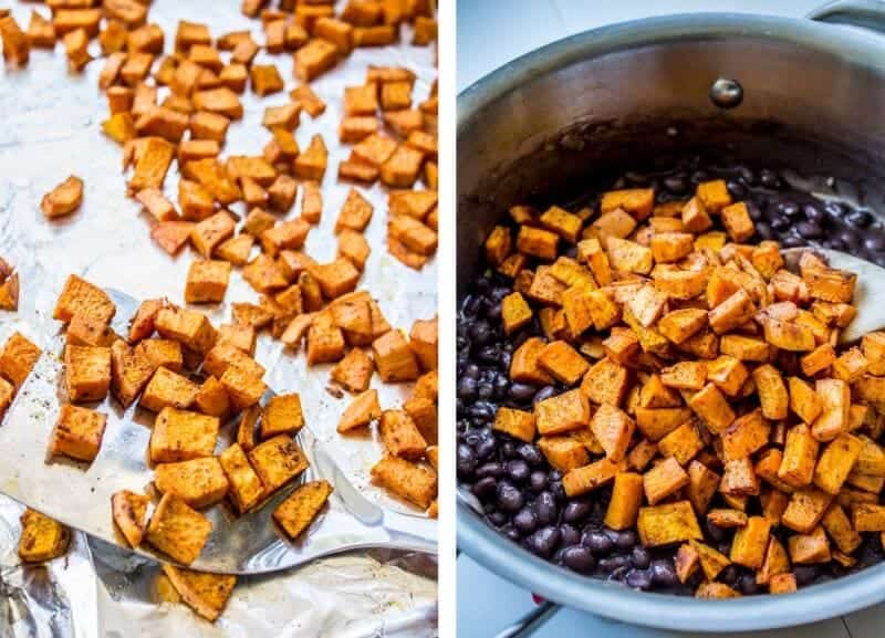 adding diced sweet potatoes to skillet with black beans 