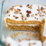 pumpkin cheesecake lasagna in baking dish