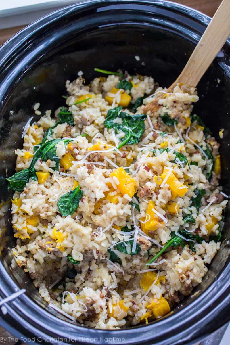 butternut squash risotto with sausage in the slow cooker 