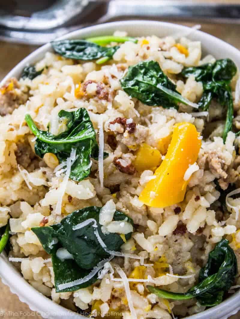 bowl of butternut squash and sausage risotto