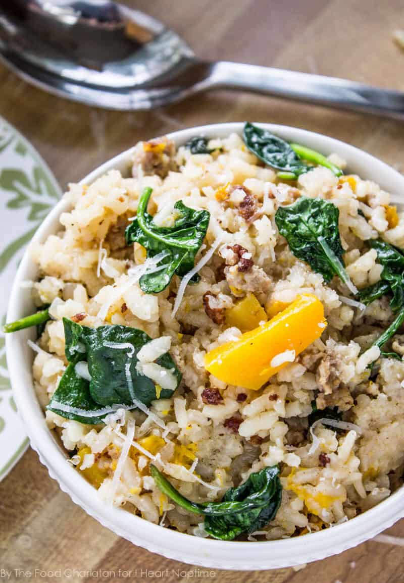 bowl of risotto with butternut squash and sausage