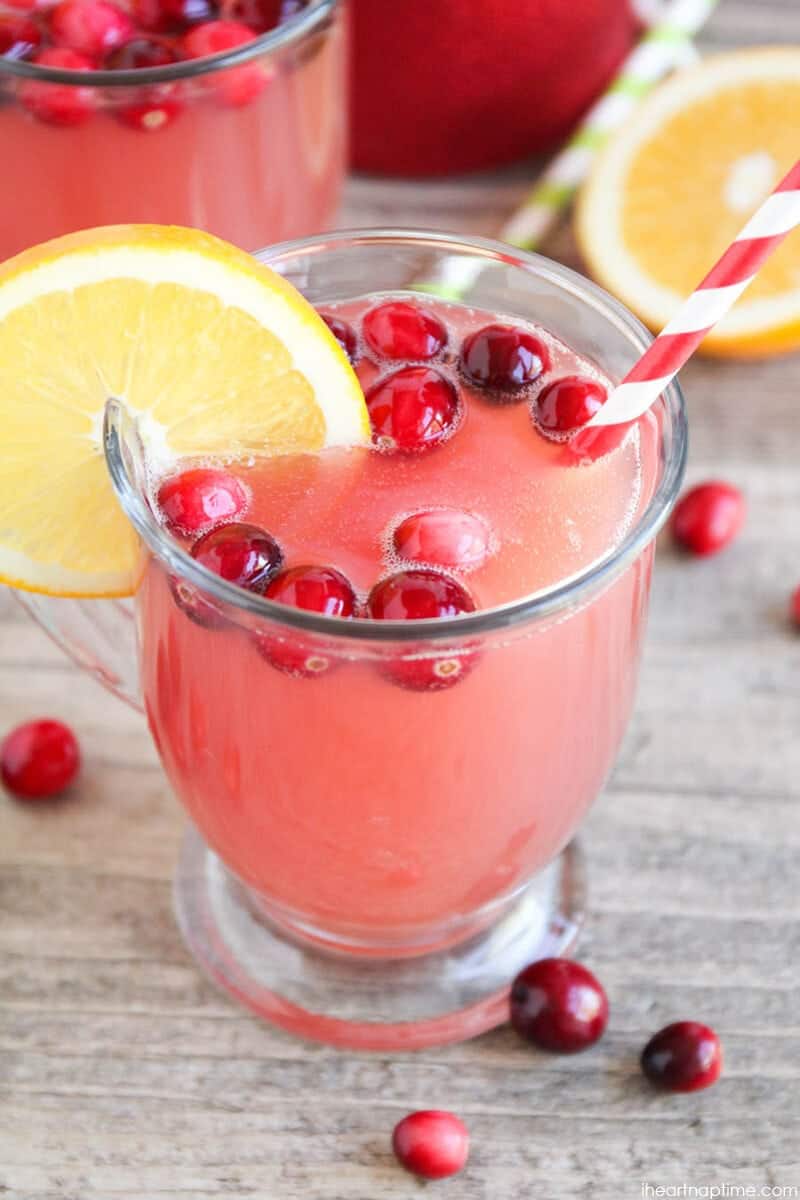 Glass of holiday punch on counter.