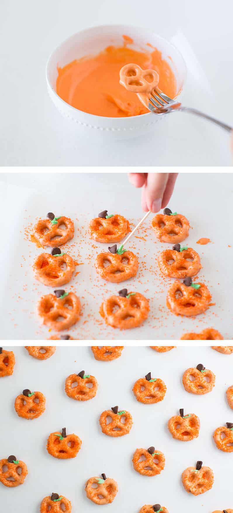 Quick, easy, and delicious Chocolate Covered Pretzel Pumpkins make the perfect family-friendly project and snack!