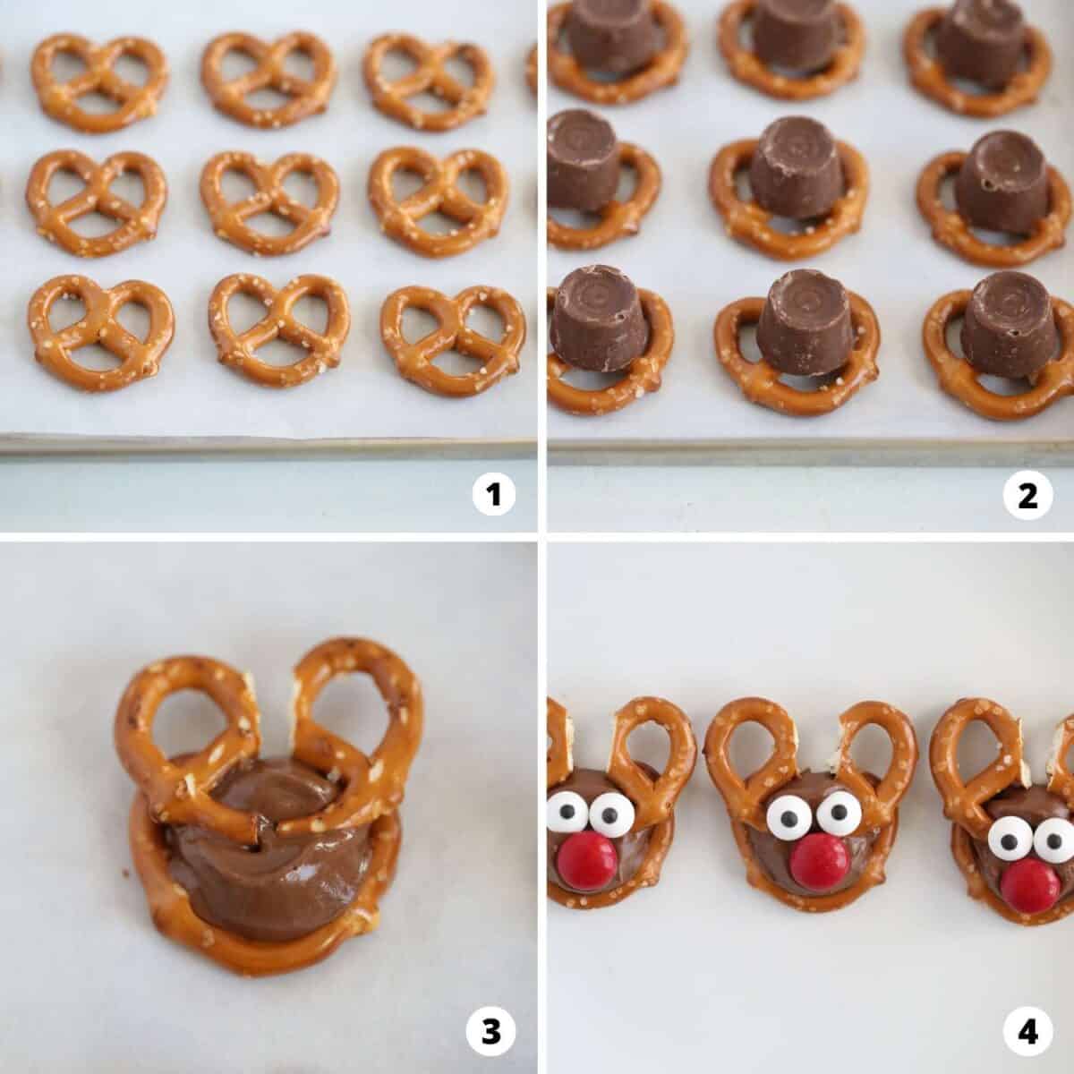 These Rolo Pretzel Reindeer are the perfect treats for the holiday season and so easy to make! Only takes 4 ingredients and a few minutes to bake. The process of making rolo pretzels in a 4 step collage.