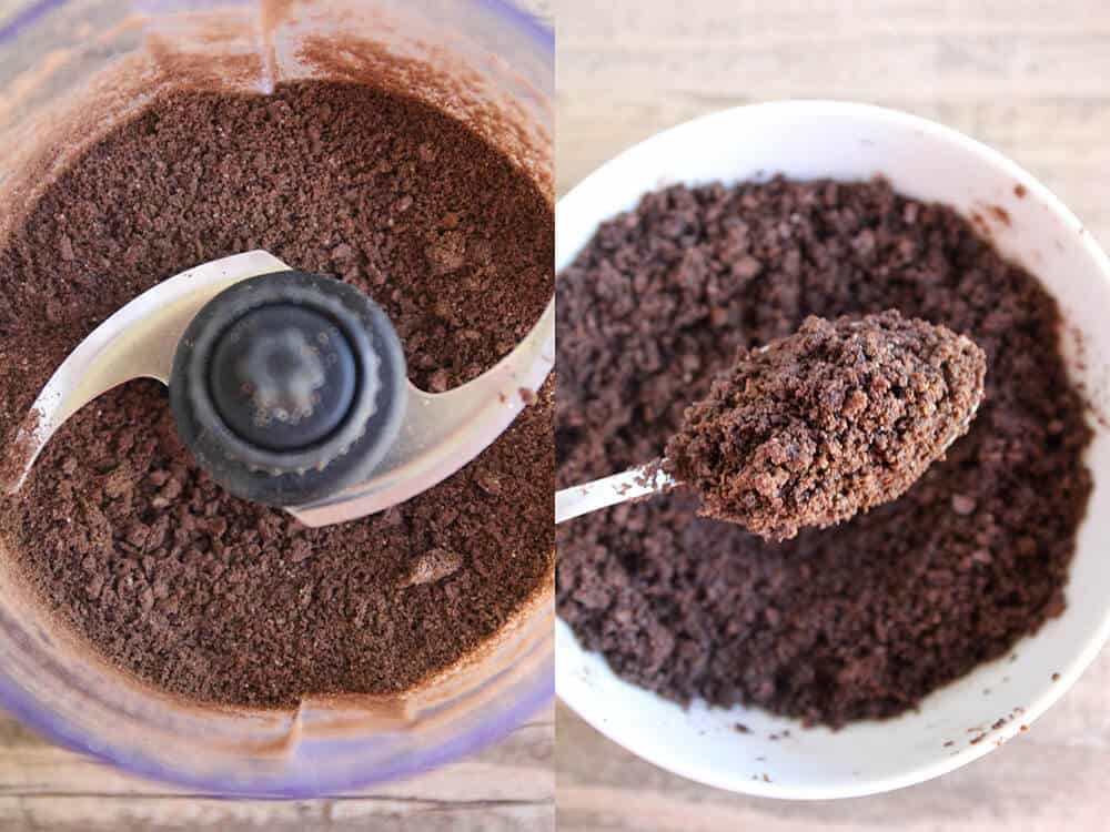 Blending chocolate graham cracker crust in a food processor.