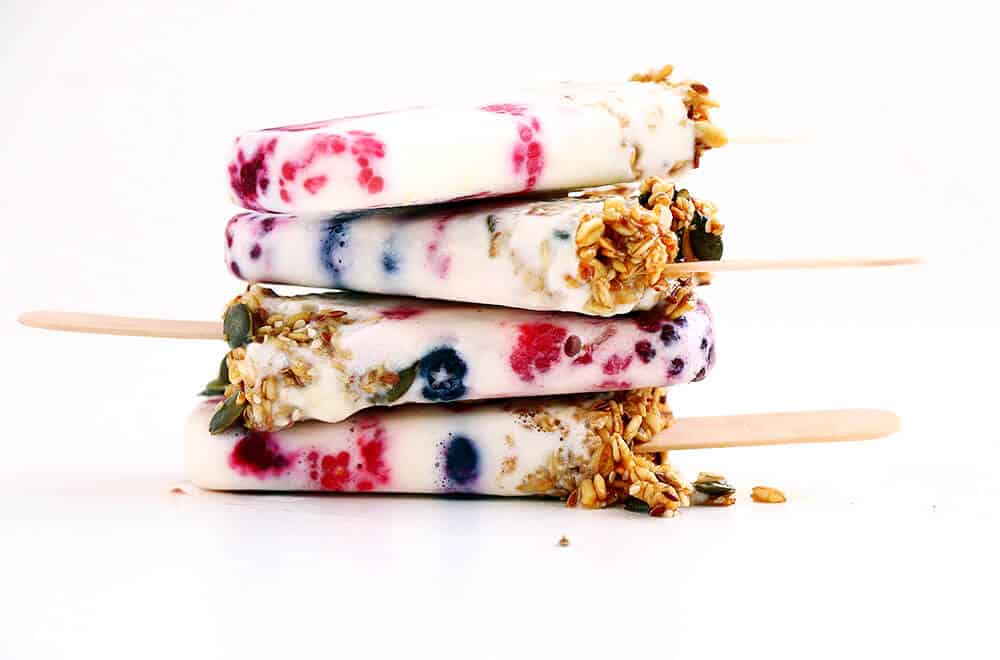 Stacked breakfast popsicles.