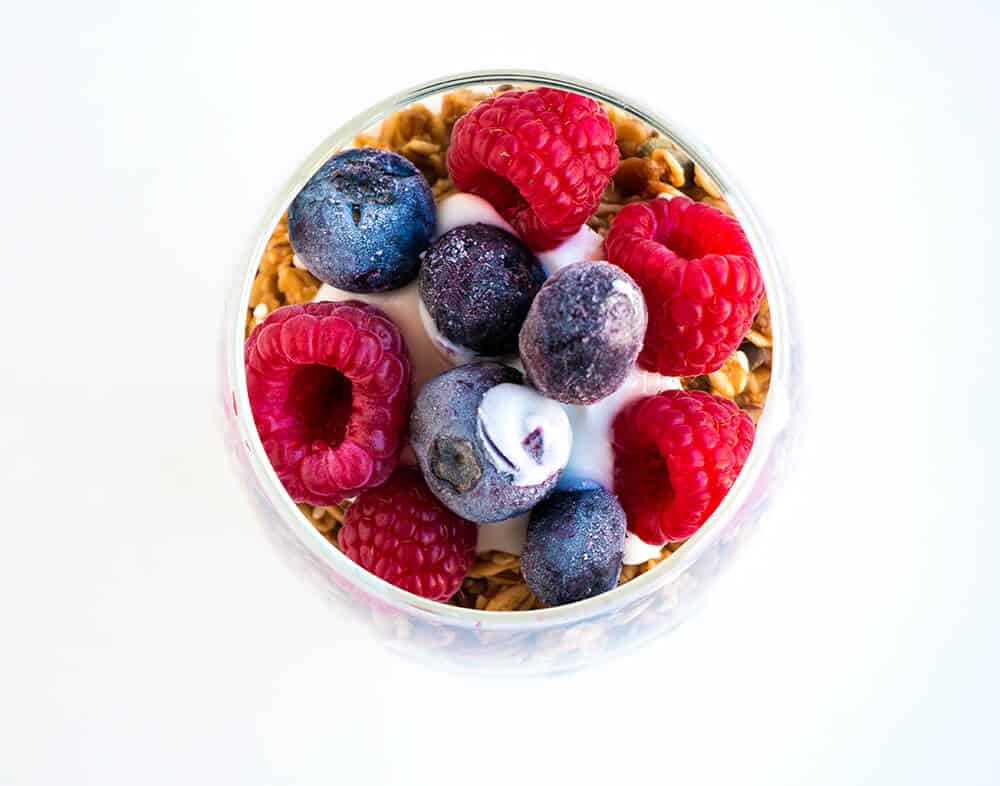 Yogurt parfait with berries and granola.