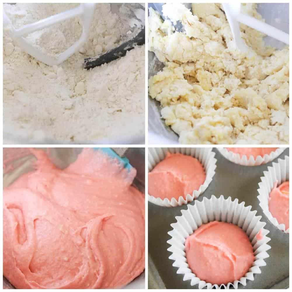 Making the batter for pink velvet cupcakes.