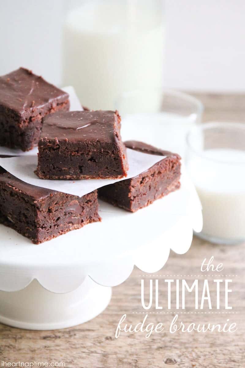 Fudge brownies on a cake stand.