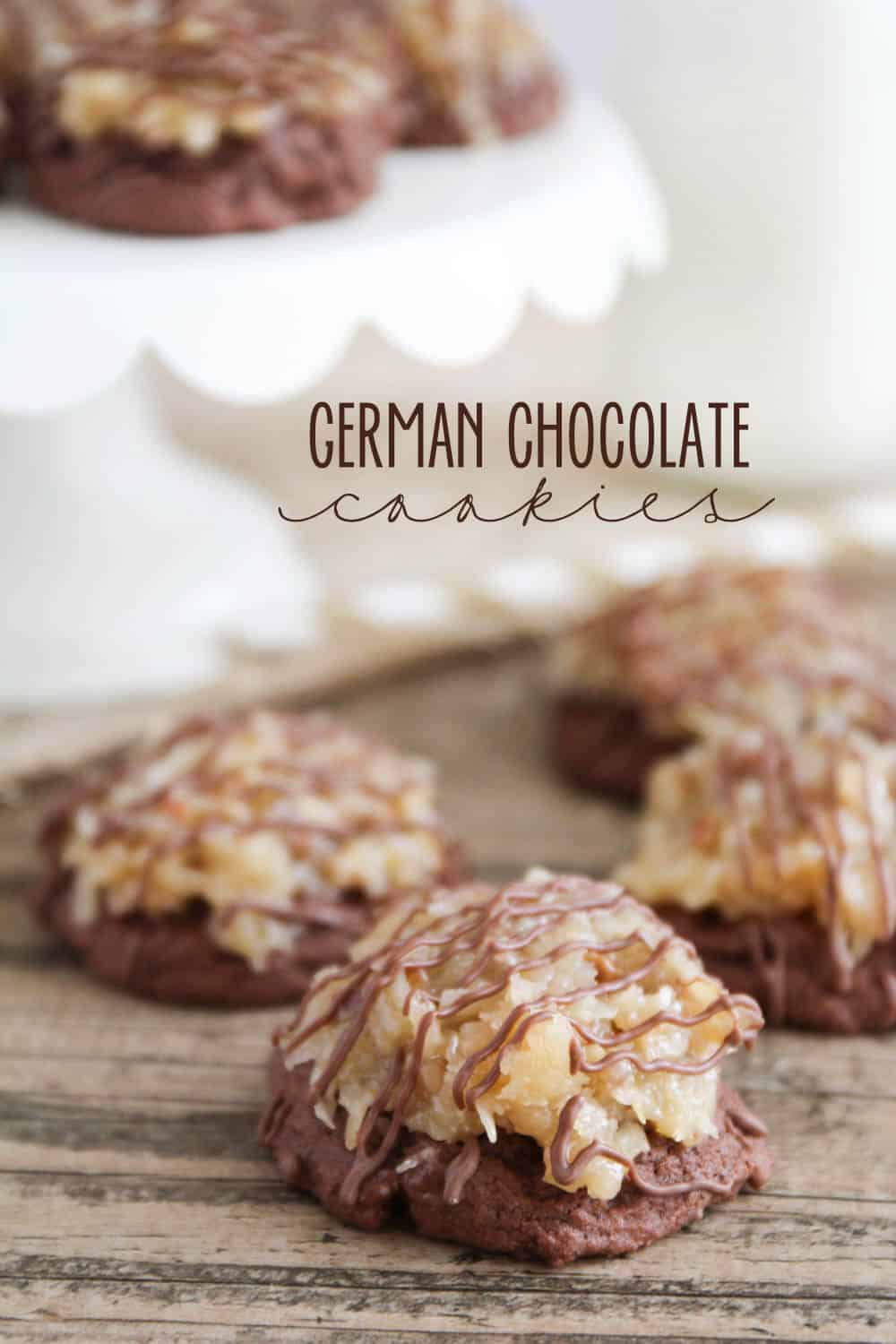 german chocolate cookies on a wood table 
