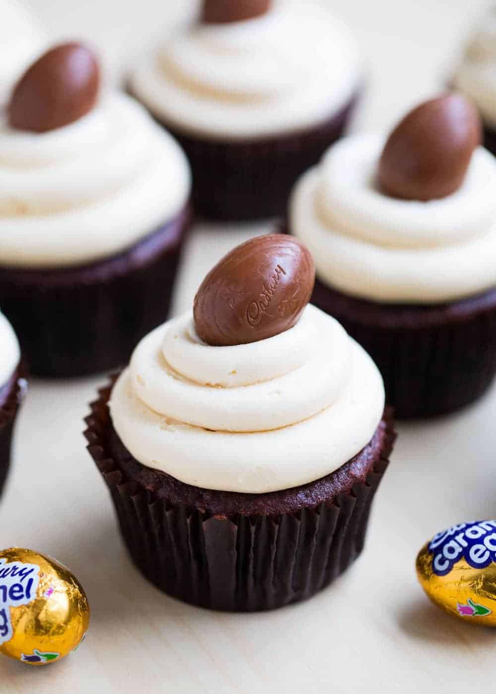 Close up of Cadbury Easter cupcakes.