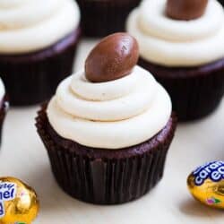 Cadbury Cupcakes Recipe with Caramel Frosting - a rich chocolate cake filled with Cadbury eggs and topped with a creamy and delicious caramel frosting. These are amazing!