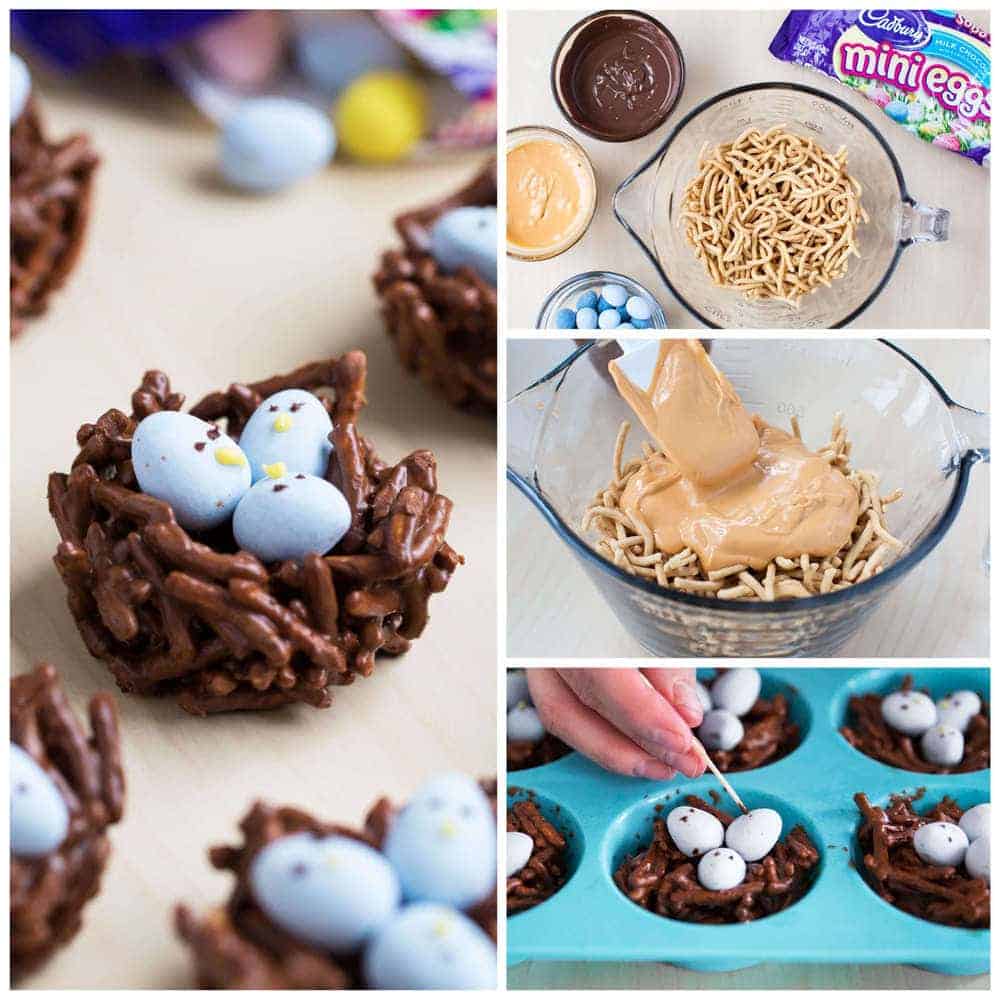 Making chocolate birds nest easter treats.