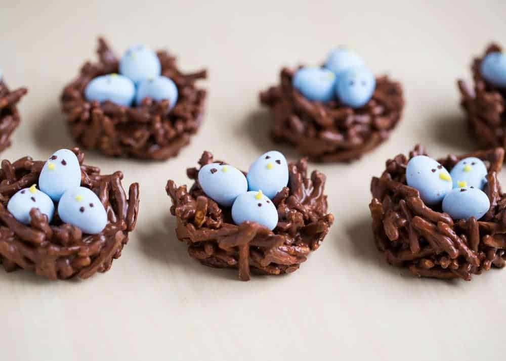 Chocolate egg nests with mini cadbury eggs.