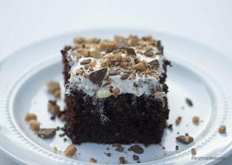 A piece of better than anything cake on white plate 