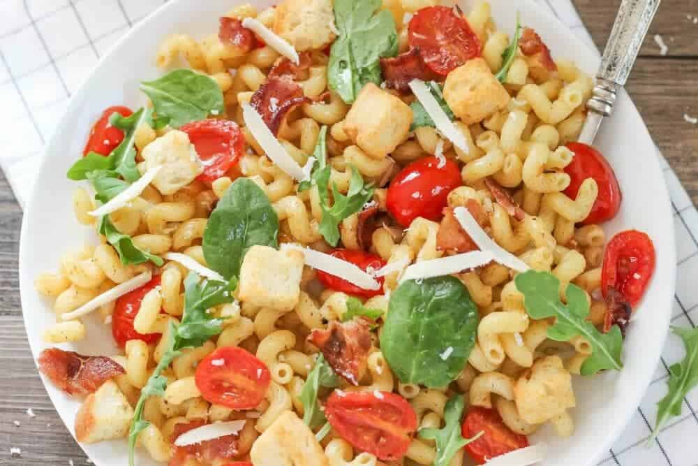 Blt pasta salad in white bowl.