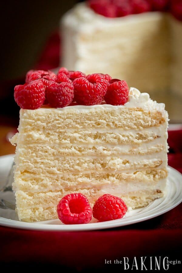 A close up of a piece of cake on a plate with fresh raspberries 
