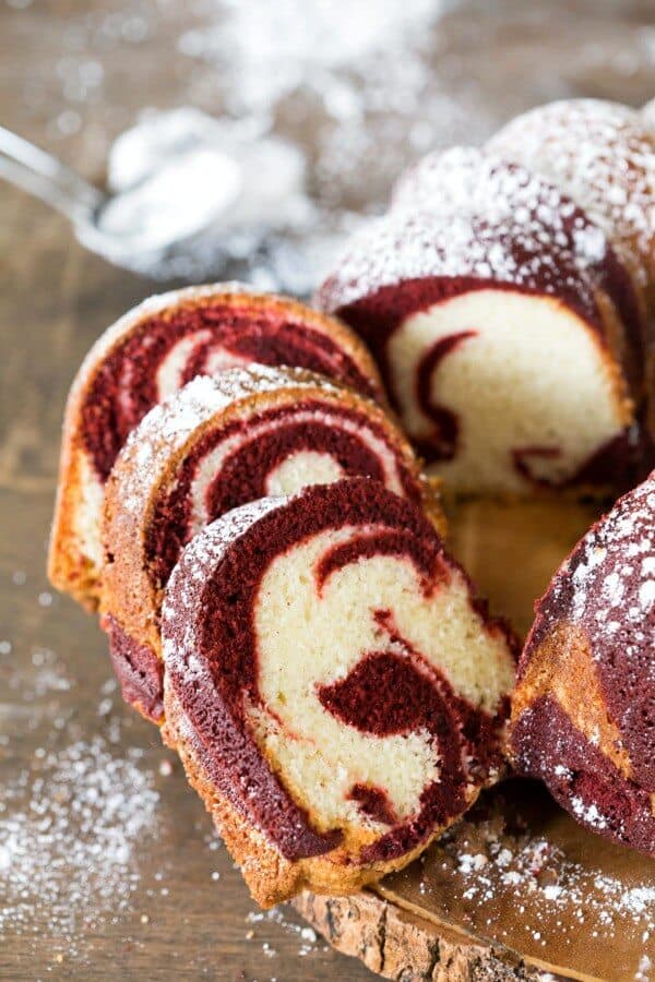 sliced red velvet marble cake 