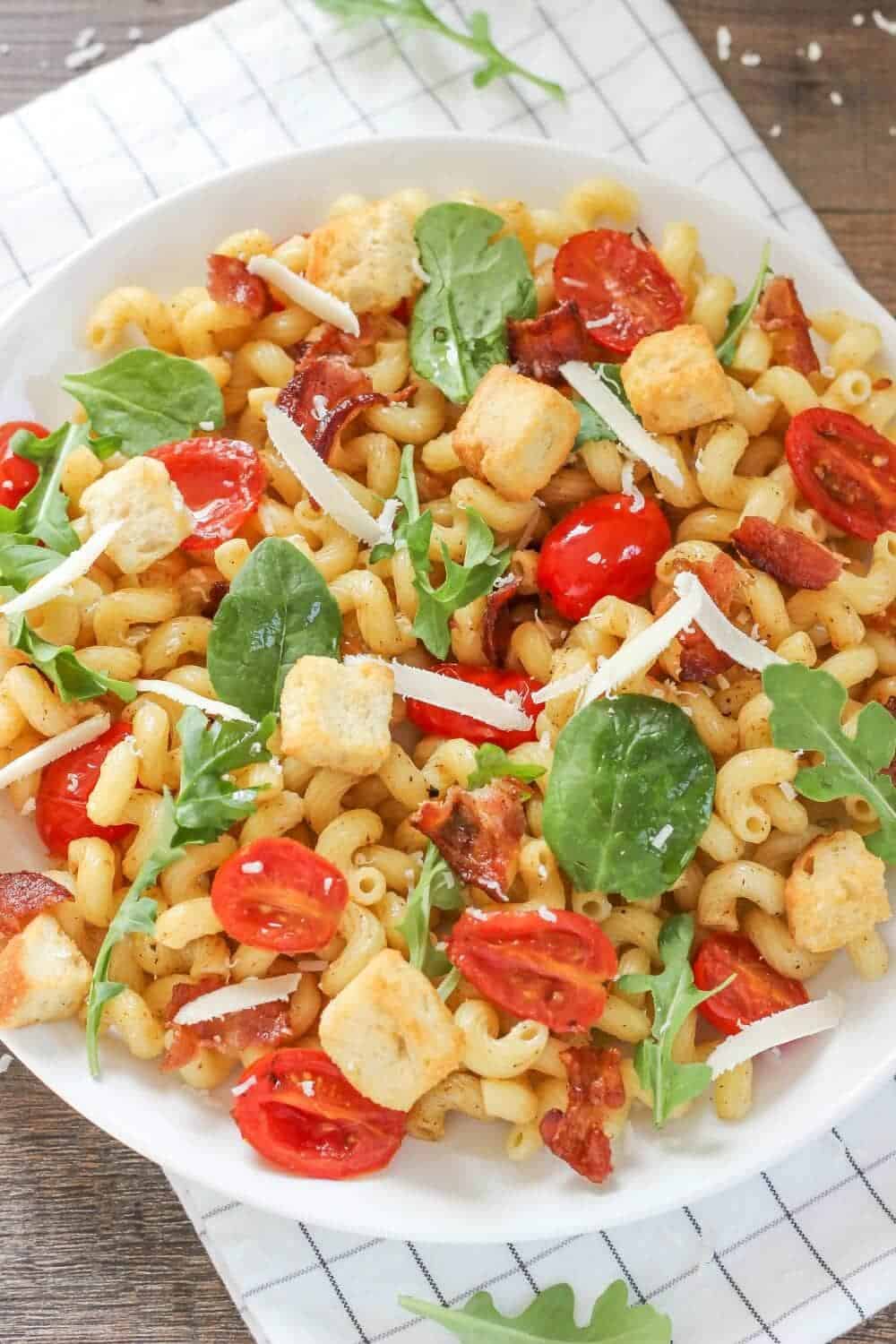 Blt pasta salad in white bowl.