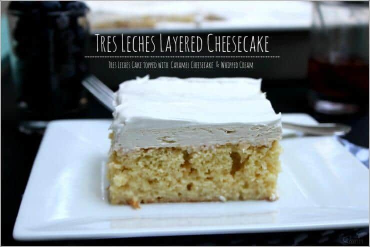 A piece of tres leches cheesecake on a white plate 