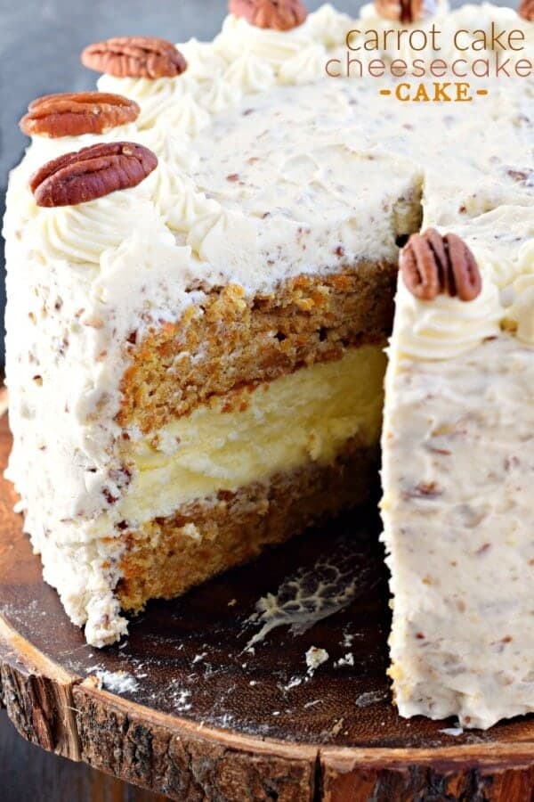 A close up of a carrot cake cheesecake with a slice taken out 