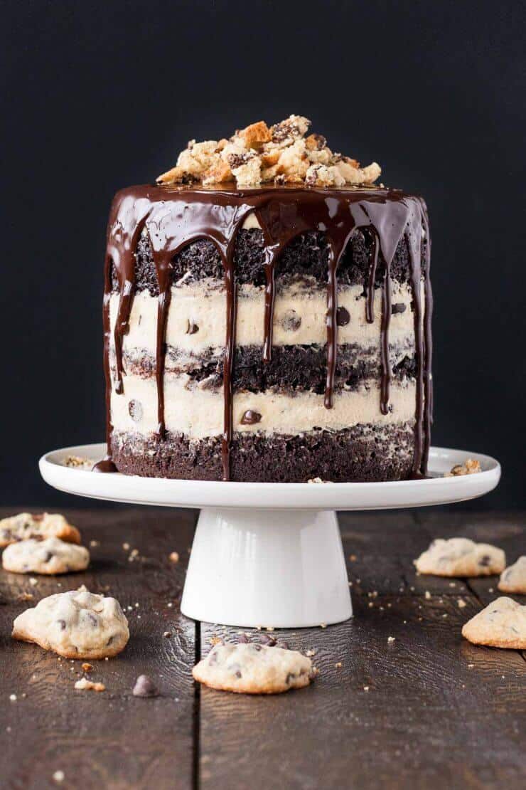 cookie dough chocolate cake on cake stand 