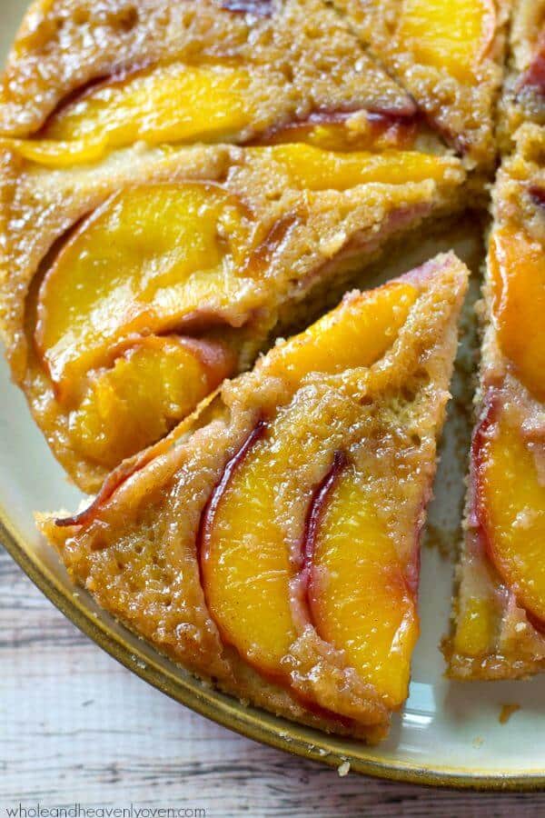 A close up of peach upside down coffee cake 