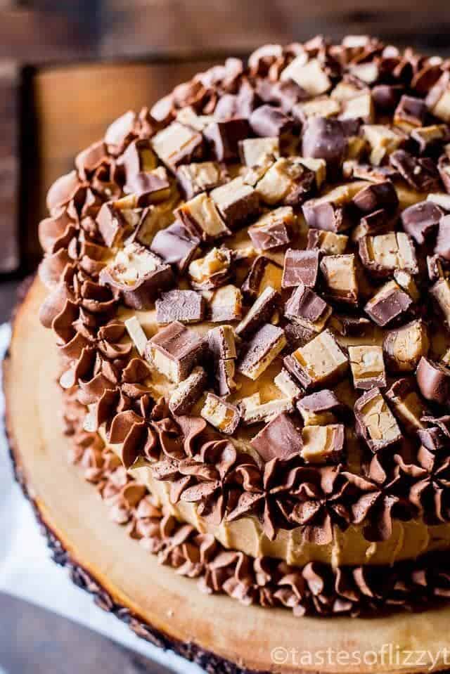 close up of peanut butter snickers cake 