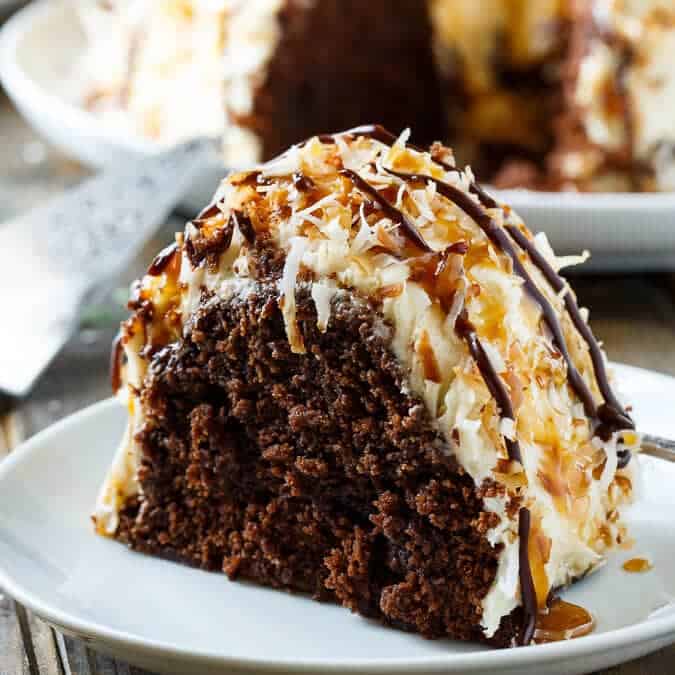 A close up of a piece of samoa bundt cake on a plate