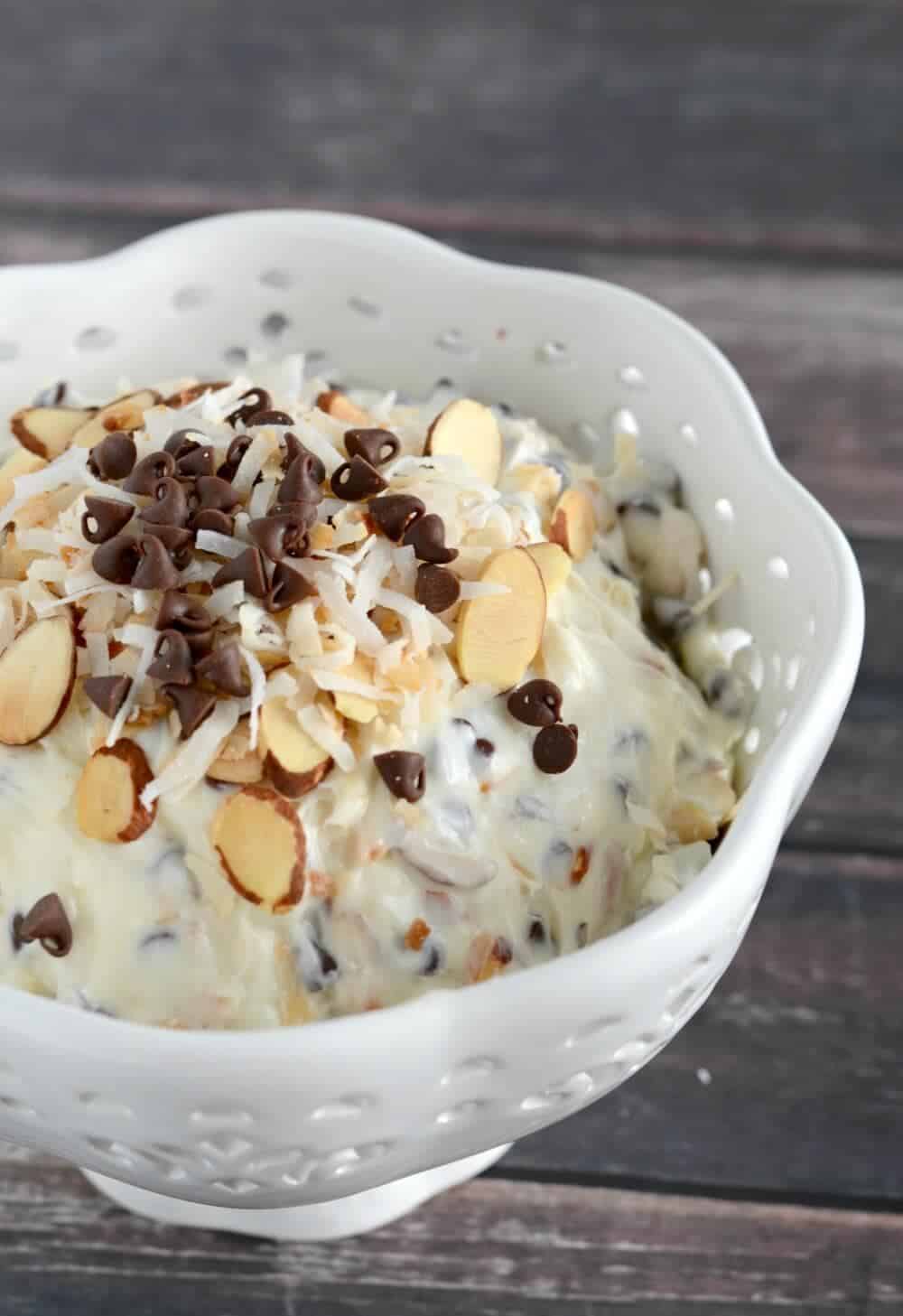 almond joy dip in a bowl 