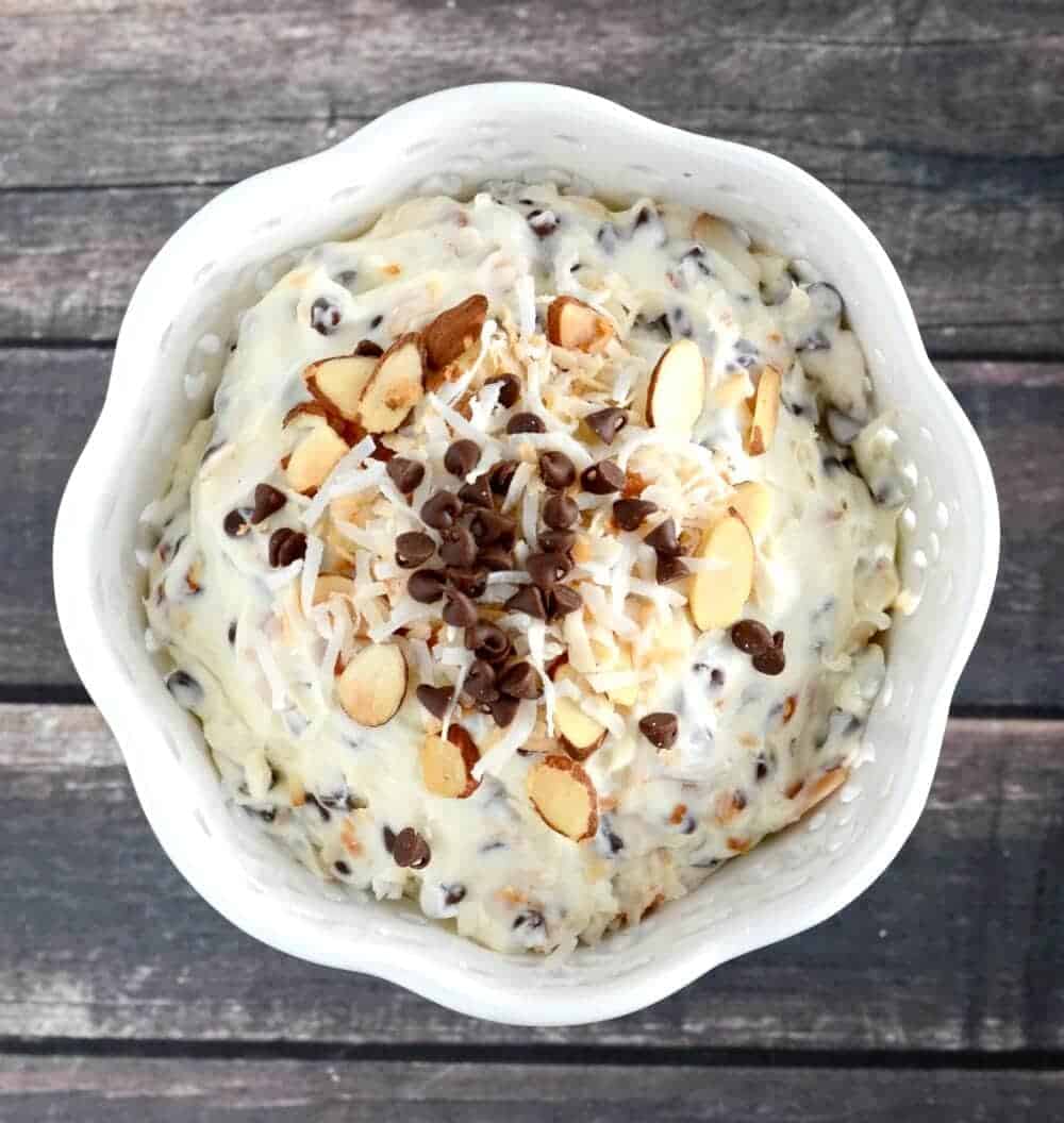 bowl of almond joy dip in a wooden table 