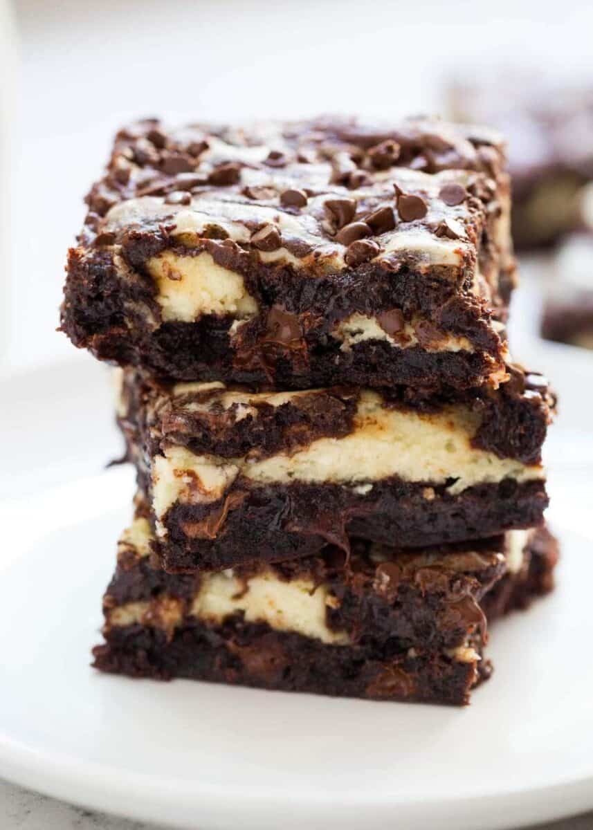 stack of cream cheese brownies 