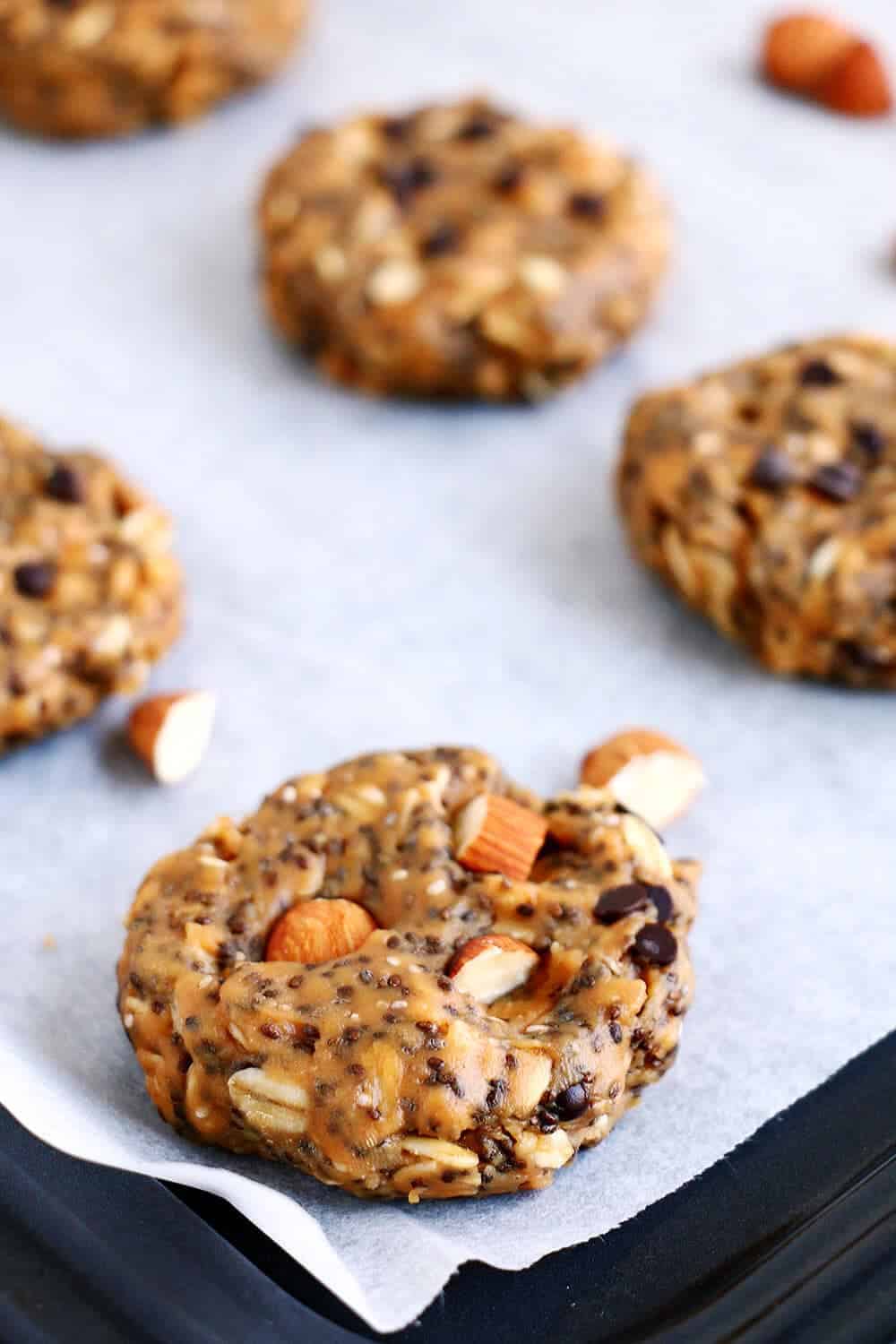 healthy breakfast cookies on a parchment paper lined baking sheet
