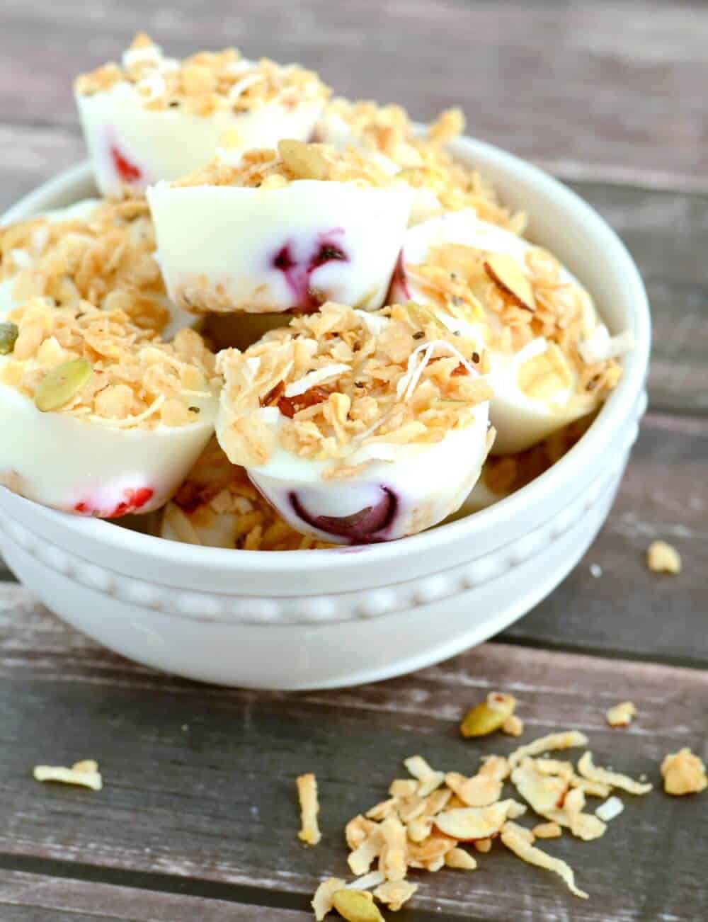 Bowl of frozen yogurt granola bites.