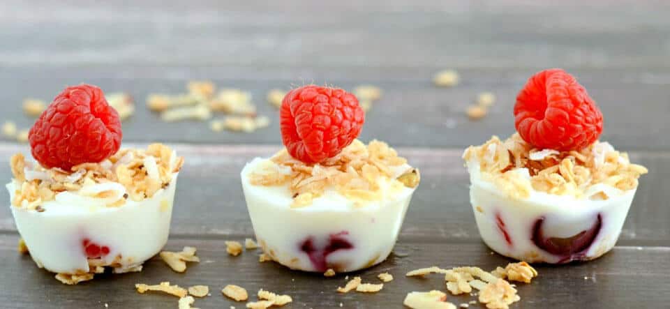 3 frozen yogurt granola berry bites in a line 