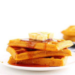 These Pumpkin Waffles are a delicious fall breakfast and are so quick and easy to make. No waffle iron needed. Plus, it is the perfect way to fill up on veggies.