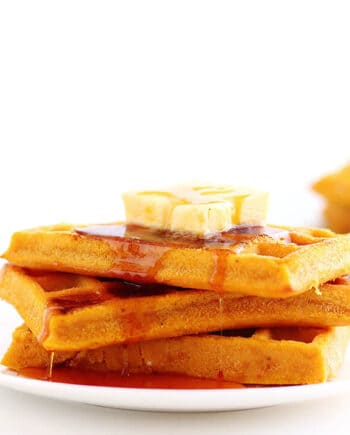 These Pumpkin Waffles are a delicious fall breakfast and are so quick and easy to make. No waffle iron needed. Plus, it is the perfect way to fill up on veggies.