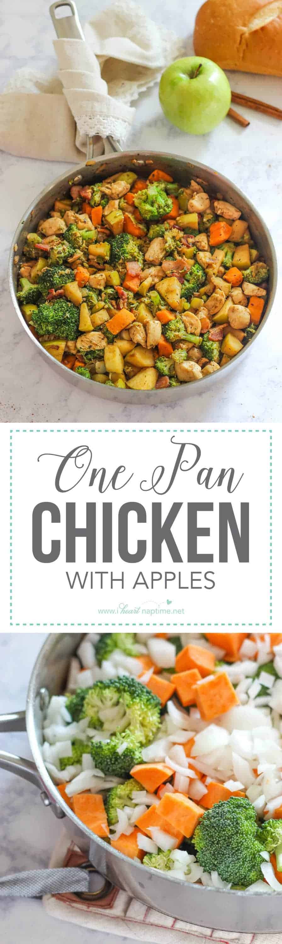 One Pan Chicken with Apples is an easy and rustic dinner option made with healthy vegetables and apples. This dish is the quintessential fall recipe!